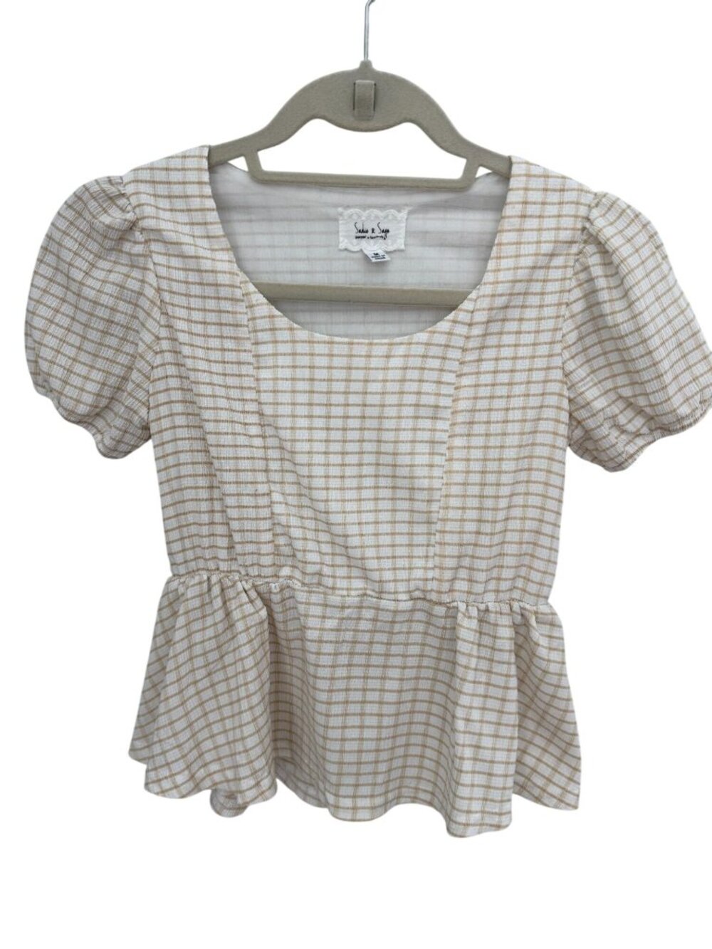 Girl's Sadie & Sage Plaid Puff Sleeve Peplum Top - Size M